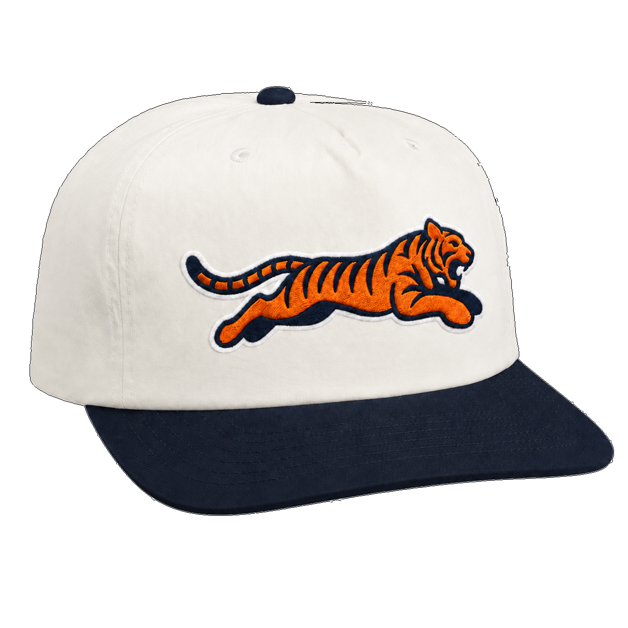 Cream and navy cap with an embroidered leaping tiger.